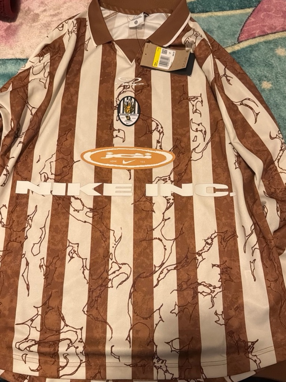 Nike Brown & Cream Striped Kids Pajama Top with Graphic Logo